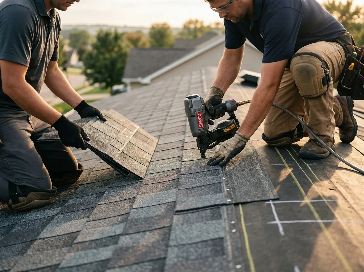 Professional roofer working on a residential roof in Fort Riley